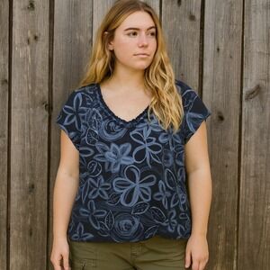 Fresh‎ Produce Top XL Black Gray Floral Print Short Sleeve Crew Neck Shirt